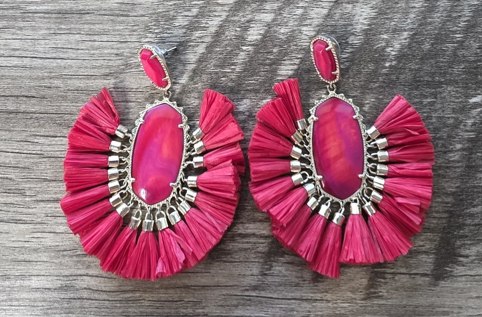 Kendra Scott Cristina Raffia 17 Tassels Drop Gold Tone Dangle Earrings Red Pink - Image 2 of 4