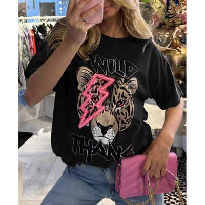 T-Shirt schwarz S/M Baumwolle Oversized Tiger Lightning ''Wild Thang'' Grafik Tee Top