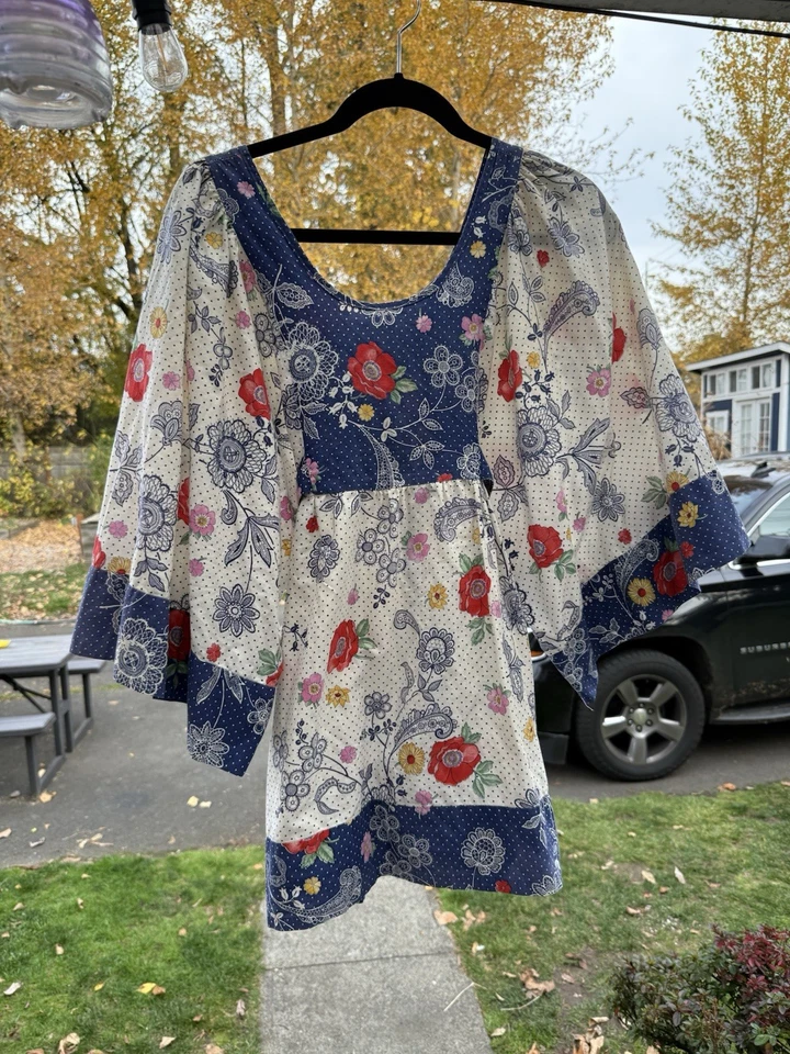 Túnica vintage años 70 boho talla mediana top manga campana camisa flor cachemira Foto 4 de 4