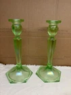Fenton Florentine URANIUM GLASS green iridescent stretch glass candlesticks pair