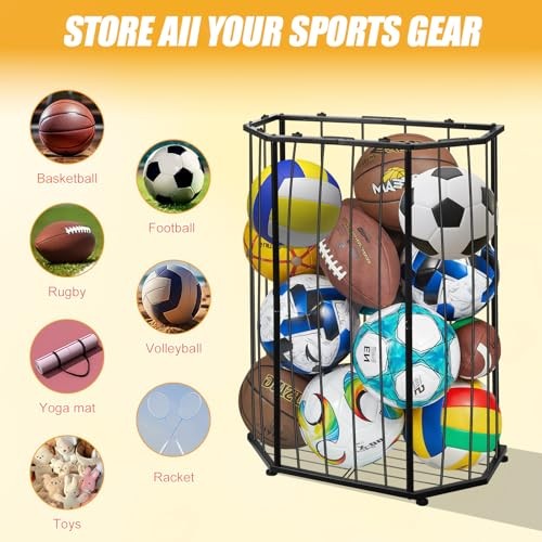 Garage Ball Storage Holder,Elastic Cord Design Can Floor-Standing & Wall Black