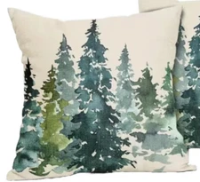 GREEN TREES Nature Scenic Wildlife Linen Throw Pillow Cover Home Decor 18”