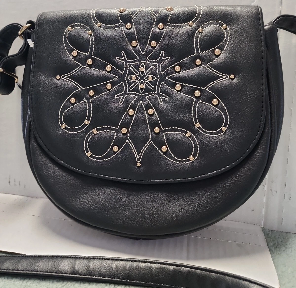 Avon Embellished Black Faux Leather Purse Crossbody Ladies HandBag EUC