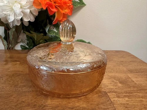 Jeannette Glass Floragold Louisa Iridescent Covered Candy Dish Depression Glass