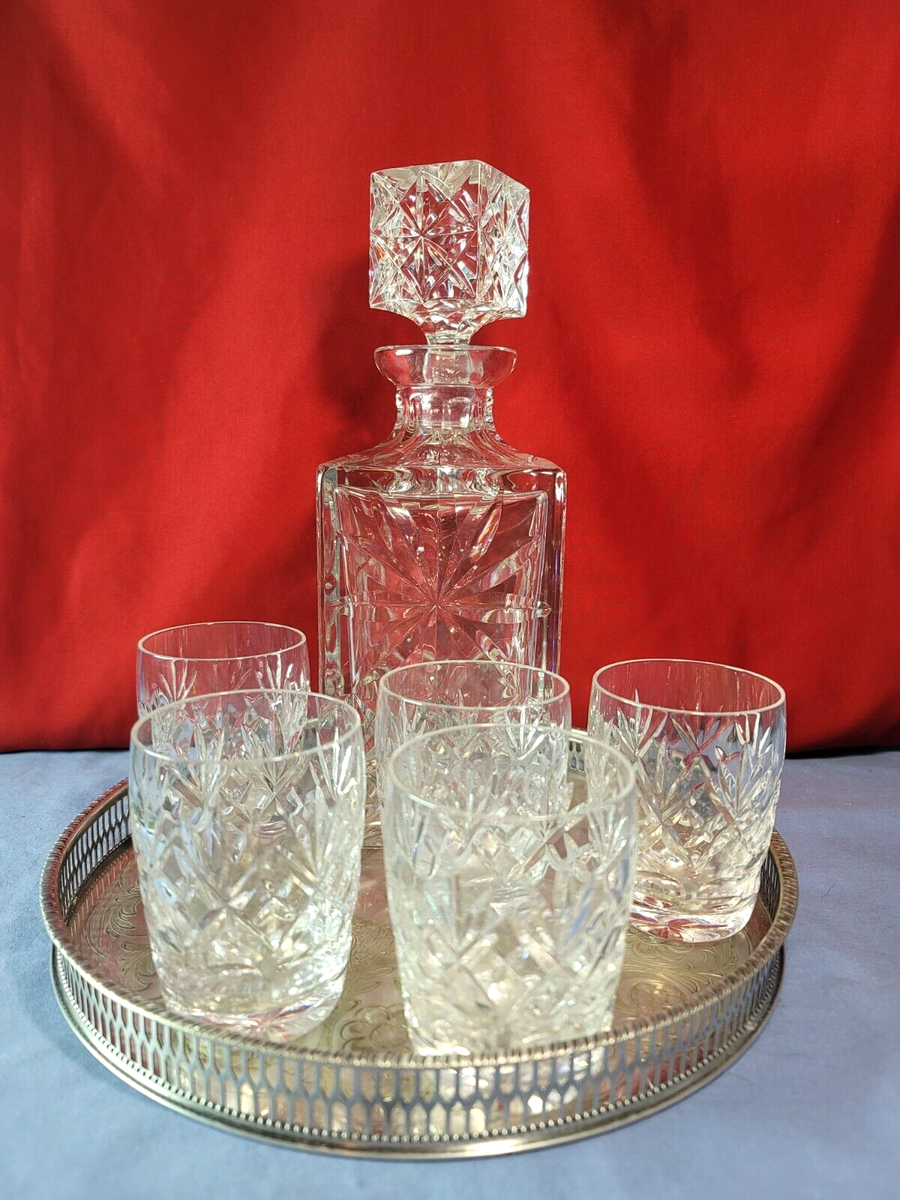 Crystal Glass Decanter Set Vintage w/ 5 Glasses & Pitcher & Silver