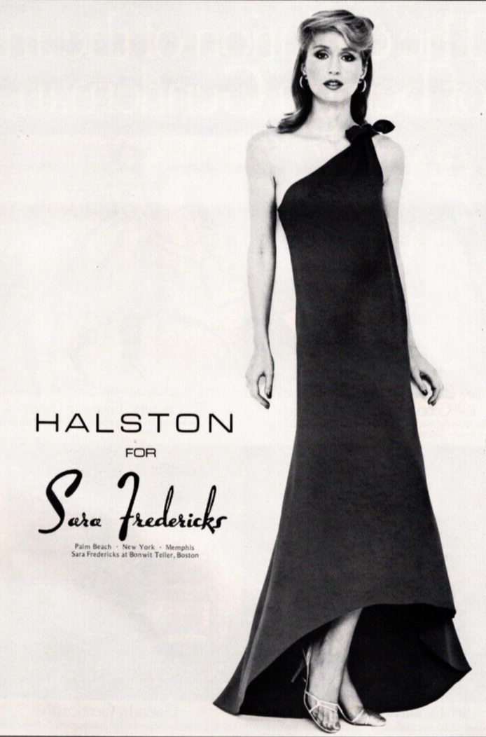 1979 HALSTON DRESS PRINT AD, SARA FREDRICKS, WOMENS CLOTHING PRINT AD