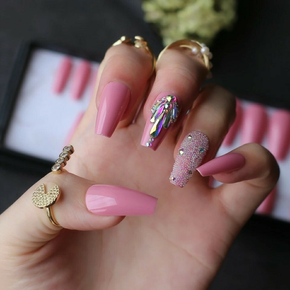 Rosy pink bling [ 20 piece] UV Gel press on nails nude peach long ballerina  nail | eBay