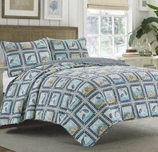 QUEEN SIZE WHALE 3 PIECE REVERSIBLE QUILT SET 2 SHAMS SEAGULL CRAB BEACH DOLPHIN
