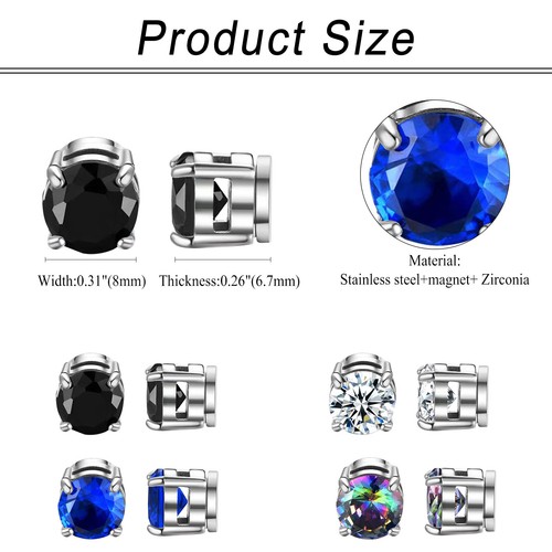 4 Pairs Stainless Steel CZ Magnetic Stud Earrings for Men Women Non-piercing 8MM - Picture 2 of 7