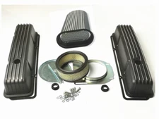 58-86 SBC Black Aluminum Tall Retro Finned Valva cover+ Hilborn Style  Air Scoop