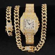 Lab Diamond Luxury Square Watch Iced Cuban Chain Necklace Hip Hop Bracelet
