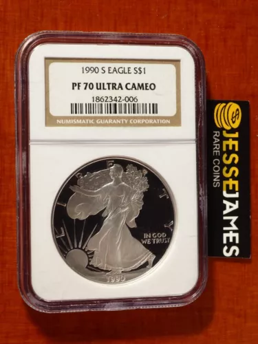 1990 S PROOF SILVER EAGLE NGC PF70 ULTRA CAMEO CLASSIC BROWN LABEL