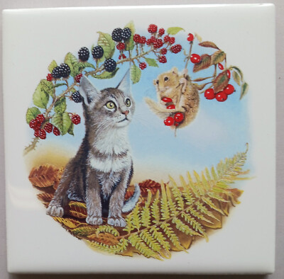 Ceramic Tile Curious Tabby Cat with Mouse