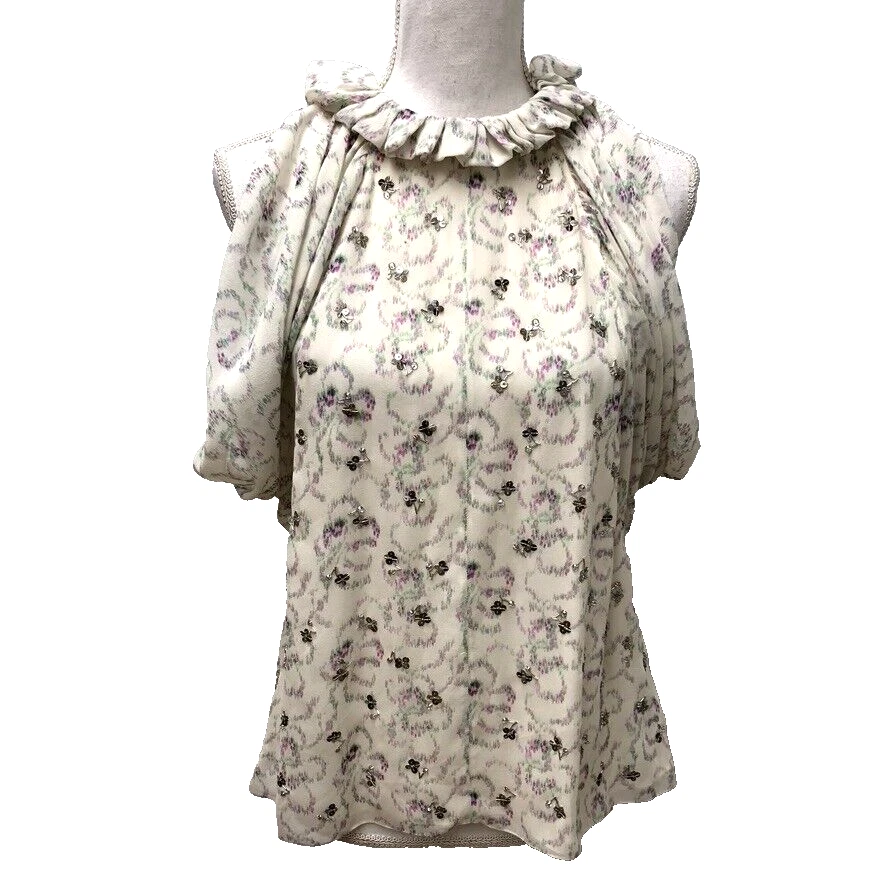 Chloe — Chloe Silk Blouse Top Womens 42 10 Purple Floral Ruffle Neck Sleeveless Romantic