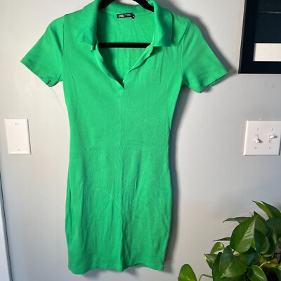 Zara Lime Green Collared Short Sleeve Mini Dress 95% Cotton Womens Size M |  eBay