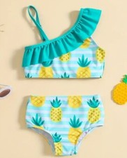 New 2pcs Girls One Shoulder Ruffled Trim Top Pineapple Graphic Size 1-2 Years