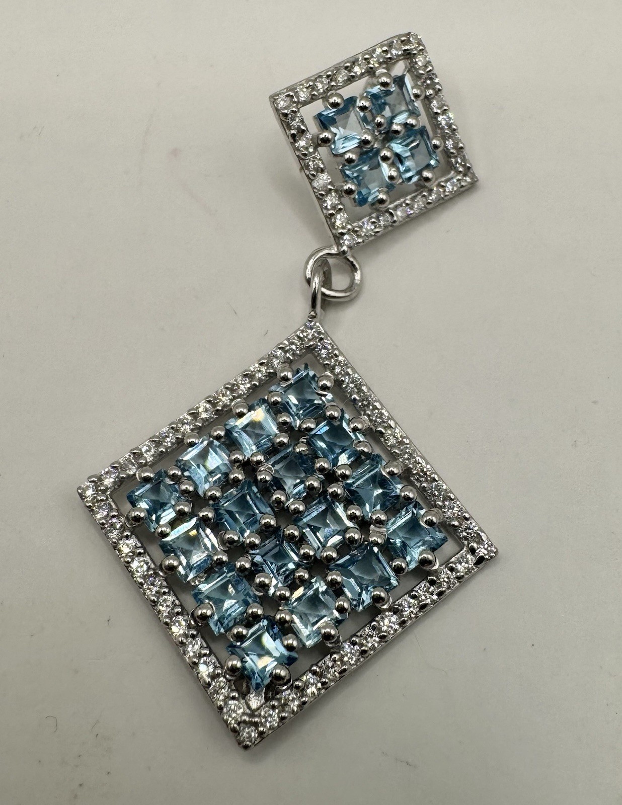 Sterling Silver 925 & Blue Topaz? & Rhinestone Square Dangle Pendant. 4.52 Grams