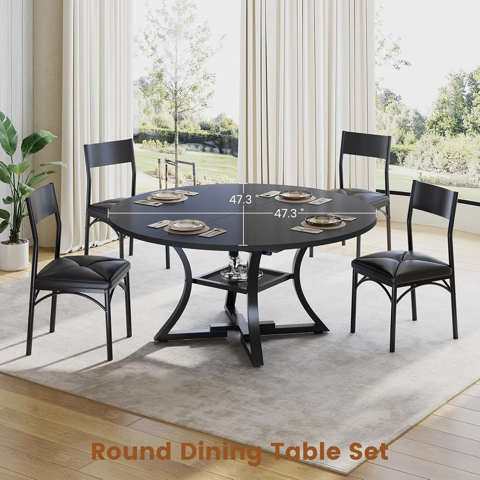 Round Extendable Dining Table Set, Kitchen Table Set with 4 Cushion Chairs - Image 4 of 4