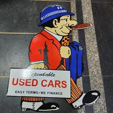 USEDCARS DEPENDABLE PORCELAIN ENAMEL SIGN 22 X 30 INCHES