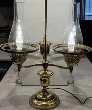 Antique Brass Student Lamp Double Arm Hurricane Glass Globes Floral Glass Shade