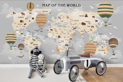 3D Hot Air Balloon Animal World Map Wall Murals Wallpaper Murals Wall Sticker