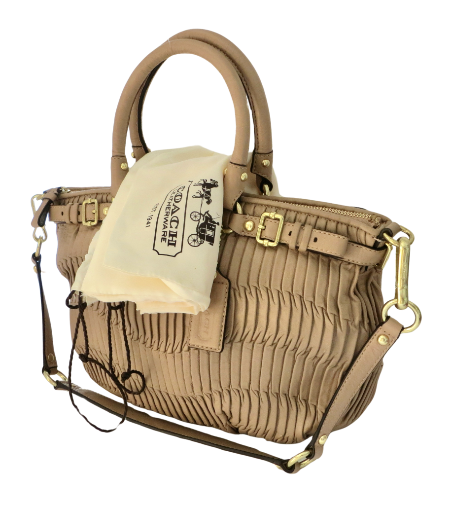 New NWT Coach Sophia Cappuccino Beige Gathered Pleated Leather