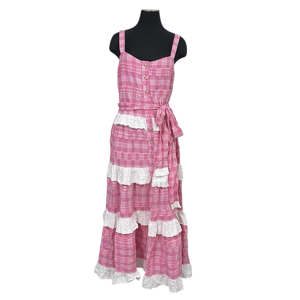 Binny Dress Size 12 Medium M Pink Midi Maxi Tie Waist Button Front Sleeveless - Imagem 2 de 4