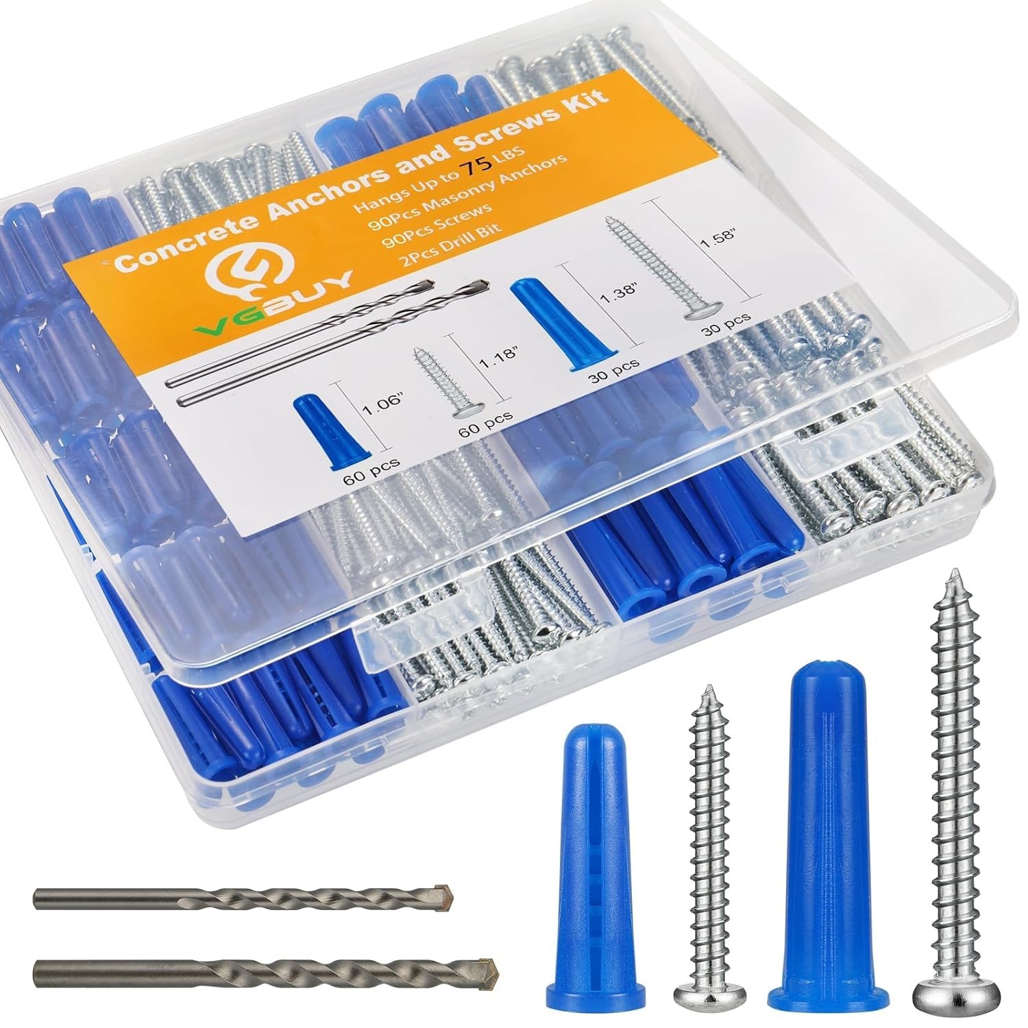 Heavy Duty 180PCS Concrete Anchors & Screws for Secure Mounting - 75lbs Capacity