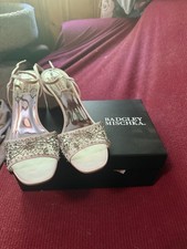 Badgley Mischka Women  s White Synthetic Strappy Beaded Ankle Strap Heels 11