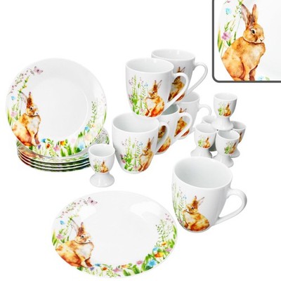 Osterfreude 18tlg Frühstücksset Porzellan Teller Kaffeebecher Eierbecher Hase