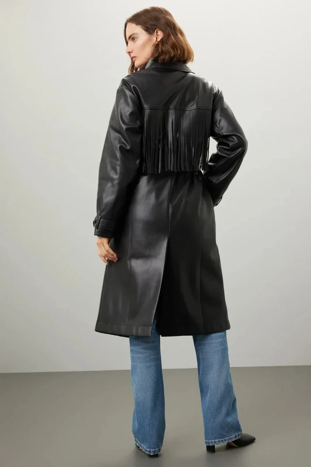 Gabardina Jason Wu imitación cuero flecos negra vegana talla L (al por menor $495) Foto 3 de 4