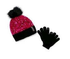 Justice Girls Sequin Beanie Hat with Pom and Gloves 3 Piece Set, Dark Pink/Black