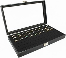 Novel Box Glass Top Black Jewelry Display Case With 36 or 72 Foam Ring Inserts