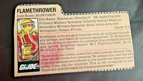 GI JOE: FLAMETHROWER  (FILE CARD) (BLOWTORCH) CARD HAS RED INK DAMAGE
