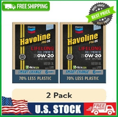2 PACK Chevron Havoline Lifelong 0W-20 Full Synthetic Motor Oil, 6 Quarts