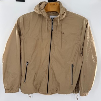 Calvin Klein Mens XXL Tan Fleece Lined Hooded Windbreaker Jacket Khaki CK Logo