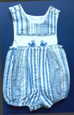 Anavini Baby Boys Blue Stripe Bubble - Smocked Whales