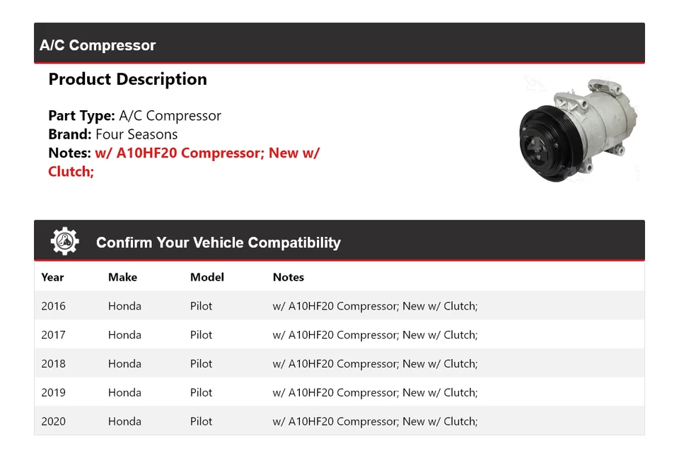 Compresor de aire acondicionado Honda Pilot 2016-2020 4 estaciones 2017 2018 2019 Foto 2 de 4