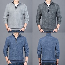 Mens Sweater Jumper Tops Knit Thermal Thick Pullover Zipped High Stand Collar