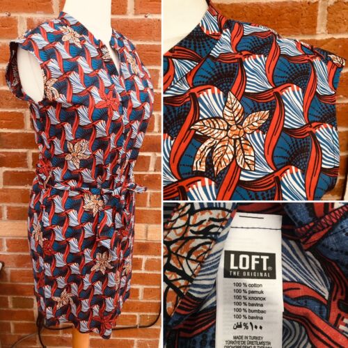 BNWT Loft Size 14-16 Blue Tan Pattern Dress Holiday Summer Tie Waist L2 - Imagen 1 de 7