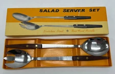 MCM Boxed Salad Server Set Stainless Steel Rose Wood Handles Japan Ex. Cond.