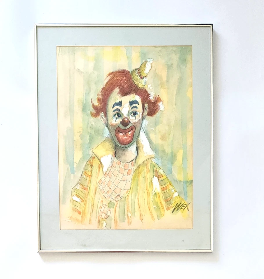 Pintura Acuarela Original Mediados de Siglo Payaso Feliz Retrato Firmado Arte Enmarcado Foto 3 de 4