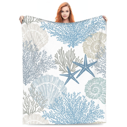 Nautical Coastal Blanket Starfish Seashell Coral Beach Themed Throw Blankets ...