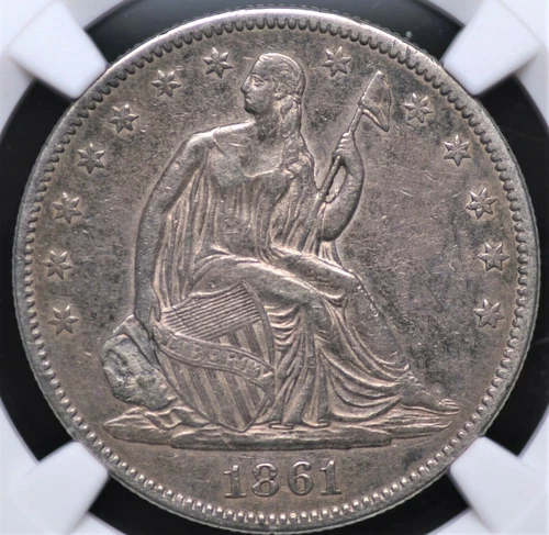 1861 LIBERTY SEATED HALF DOLLAR NGC CHOICE ABOUT UNC 53 MEDIUM PEWTER GREY WITH
