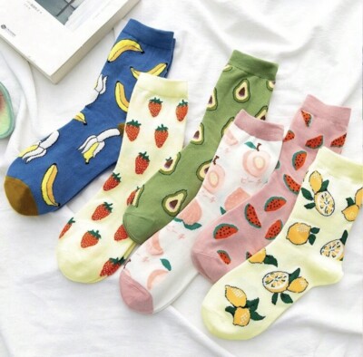 6 Paar/Set Damen buntes Fruchtmuster Avocado Banane Birne Wassermelone rosa