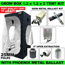 Grow Box Tent Starter Kit 1.2m 25mm  600W Metal Ballast Light Kit 4" Extraction 