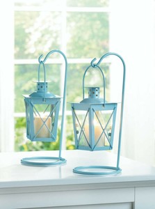 Set Of 6 Soft Blue Railway Style Candle Lantern Table Centerpiece With Stand 9 Ebay