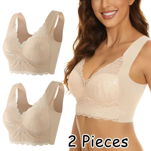 2-Pack Lace Bras Plus Size Bra Women Underwear Bralette Crop Top Push Up Bras - Picture 28 of 61