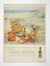 Vintage Four Roses Whiskey Beach Picnic Basket Print Ad Bull Dog MOD Decor