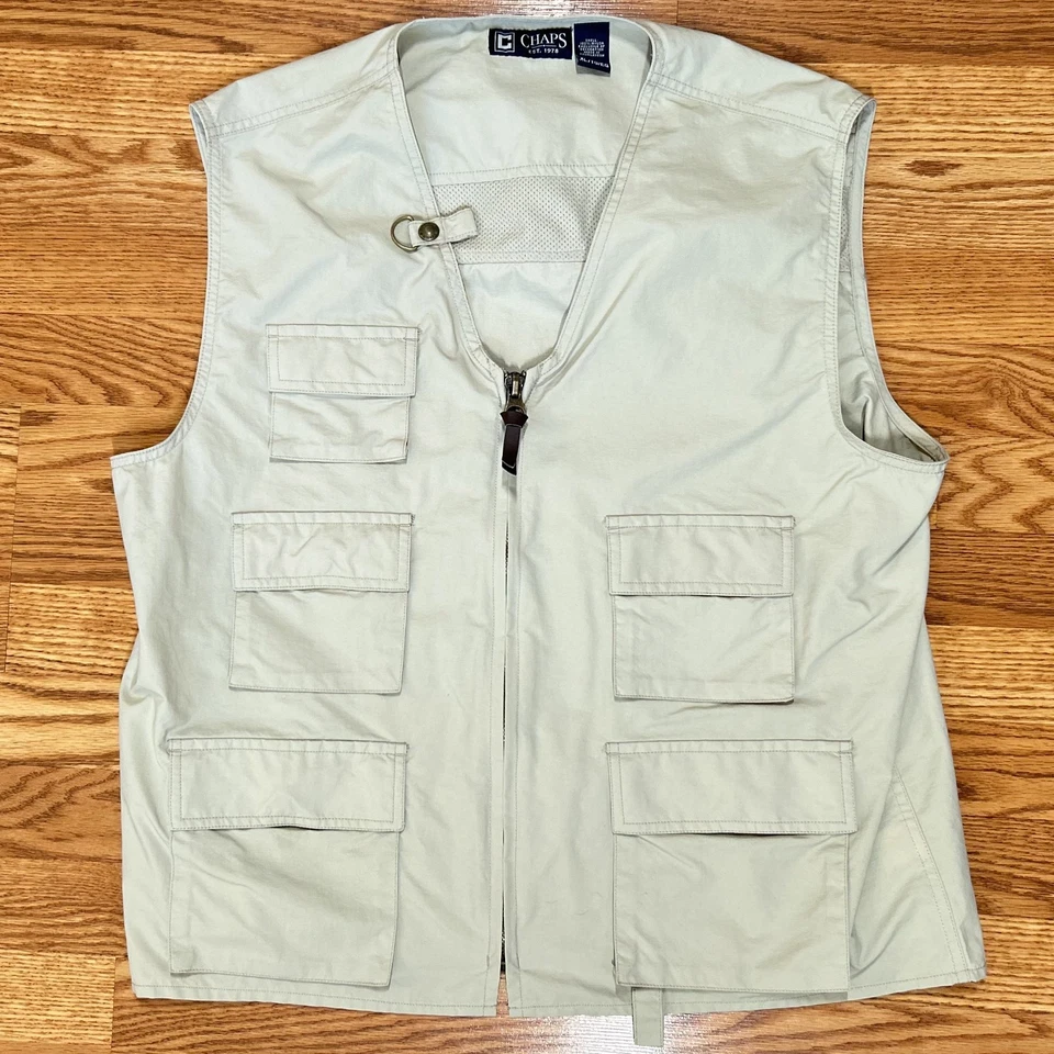 Chaps Mens XL Khaki Nylon Fishing Vest 5 Pocket Vented Lightweight Tactical - Image 2 of 4